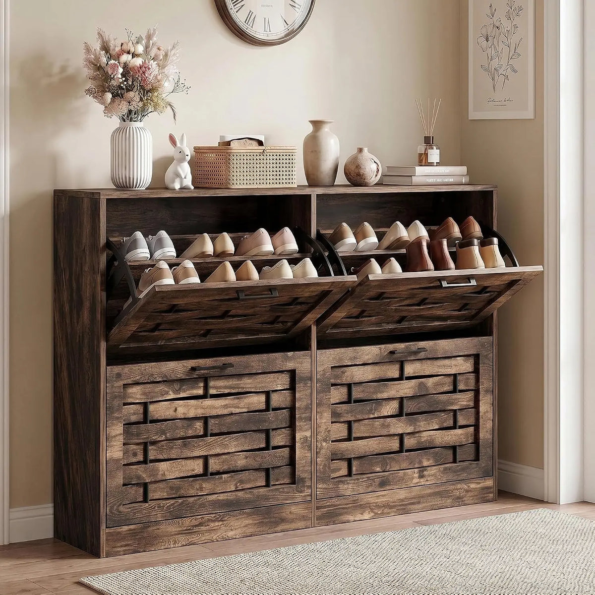 Shoe Cabinet With Four Flip Drawers And Handwoven Panel