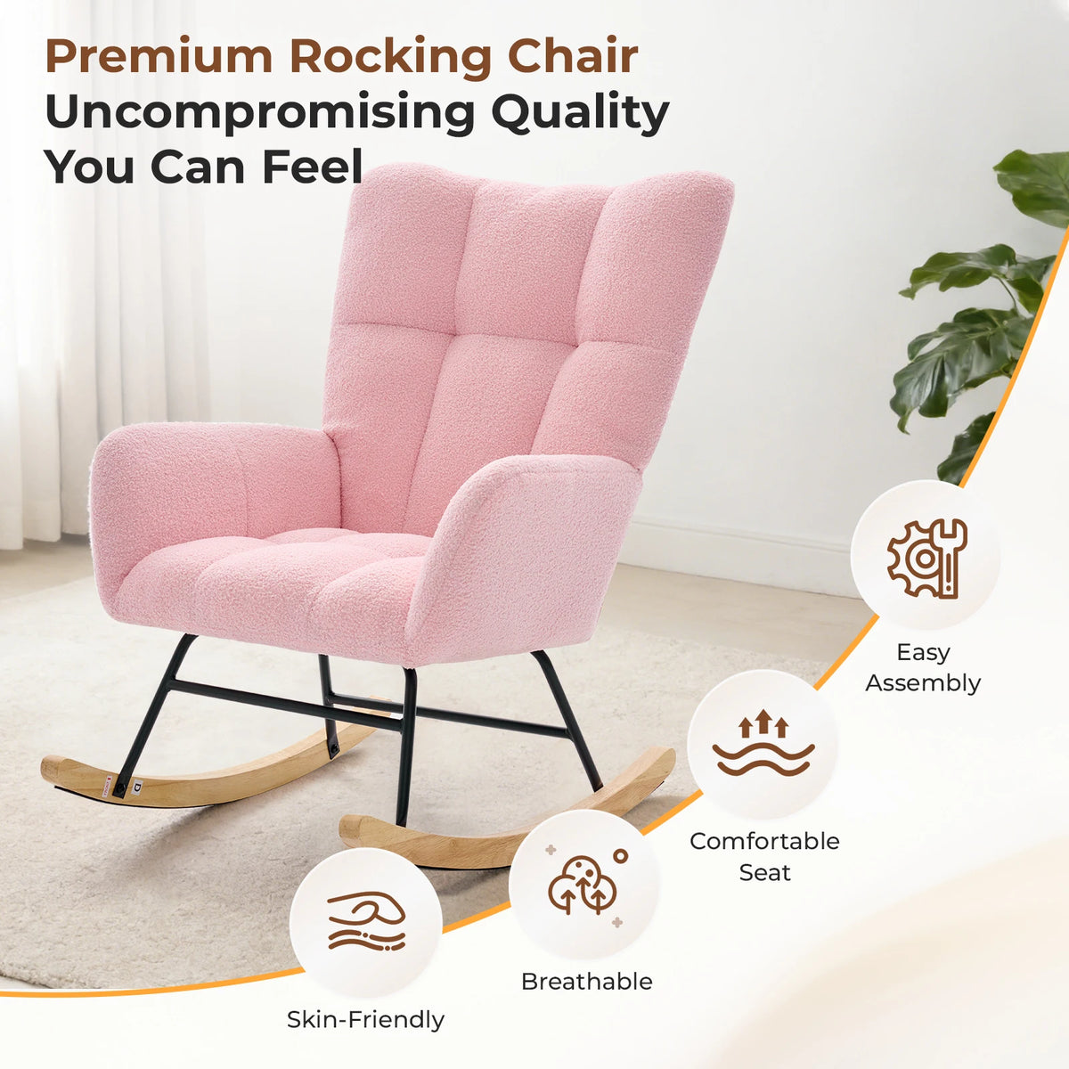 JHK Teddy Upholstered Saucer Rocking Chair With Padded Seat
