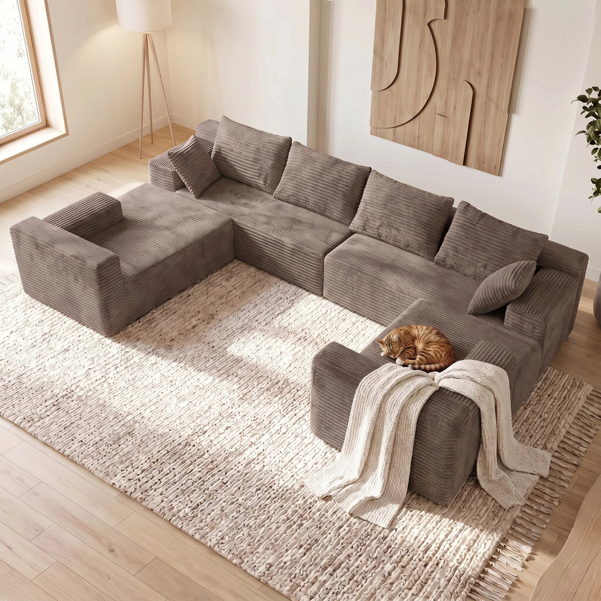 Modern U Shaped Corduroy Sectional Sofa With Deep Cloud Seating