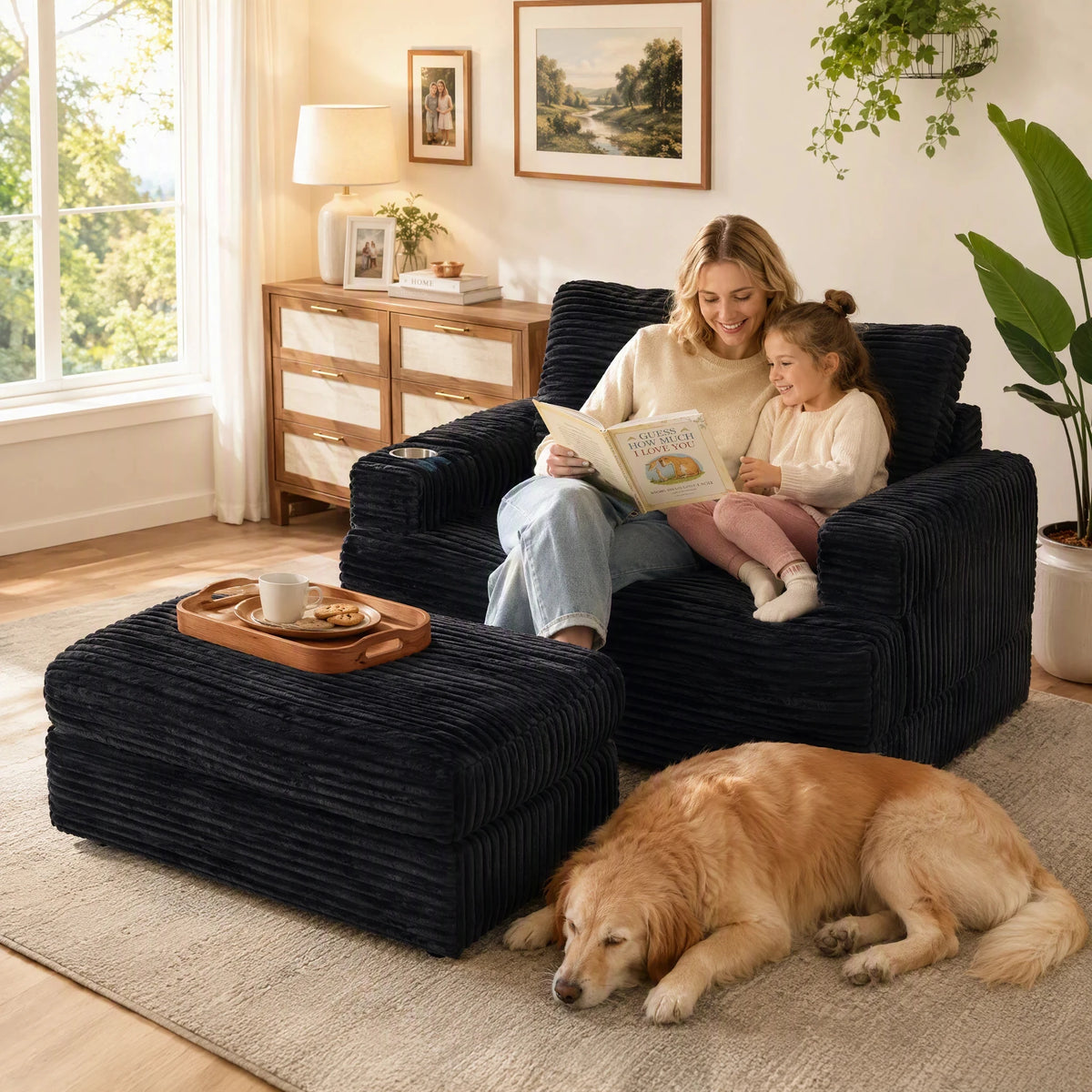 Modern Corduroy Single Sofa Chair With Footrests And Cup Holder