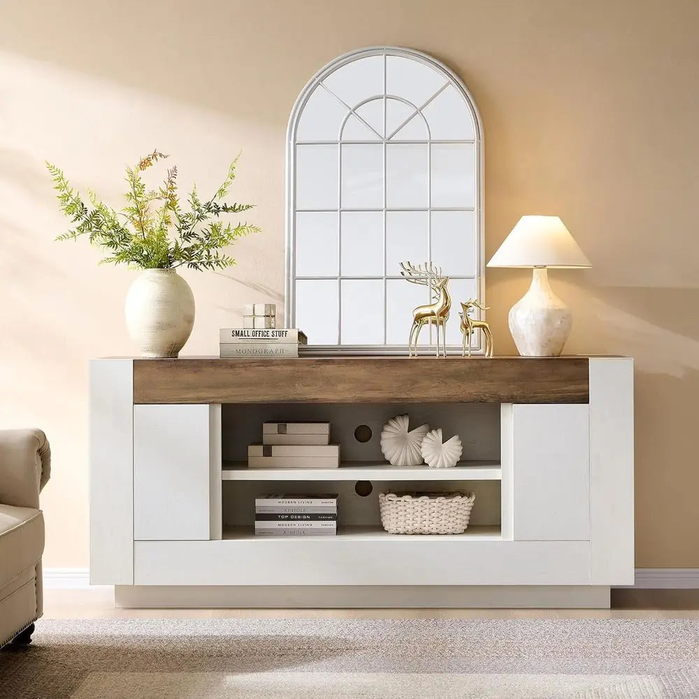 Modern Wood TV Stand Entertainment Center With Open Storage and Side Cabinets