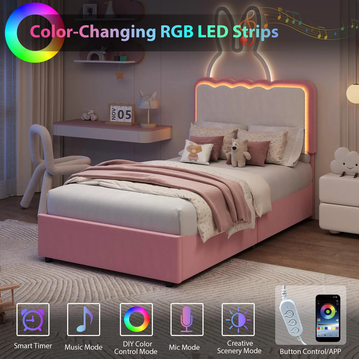 GarveeLife LED Platform Bed Frame With Upholstered Headboard And Drawers