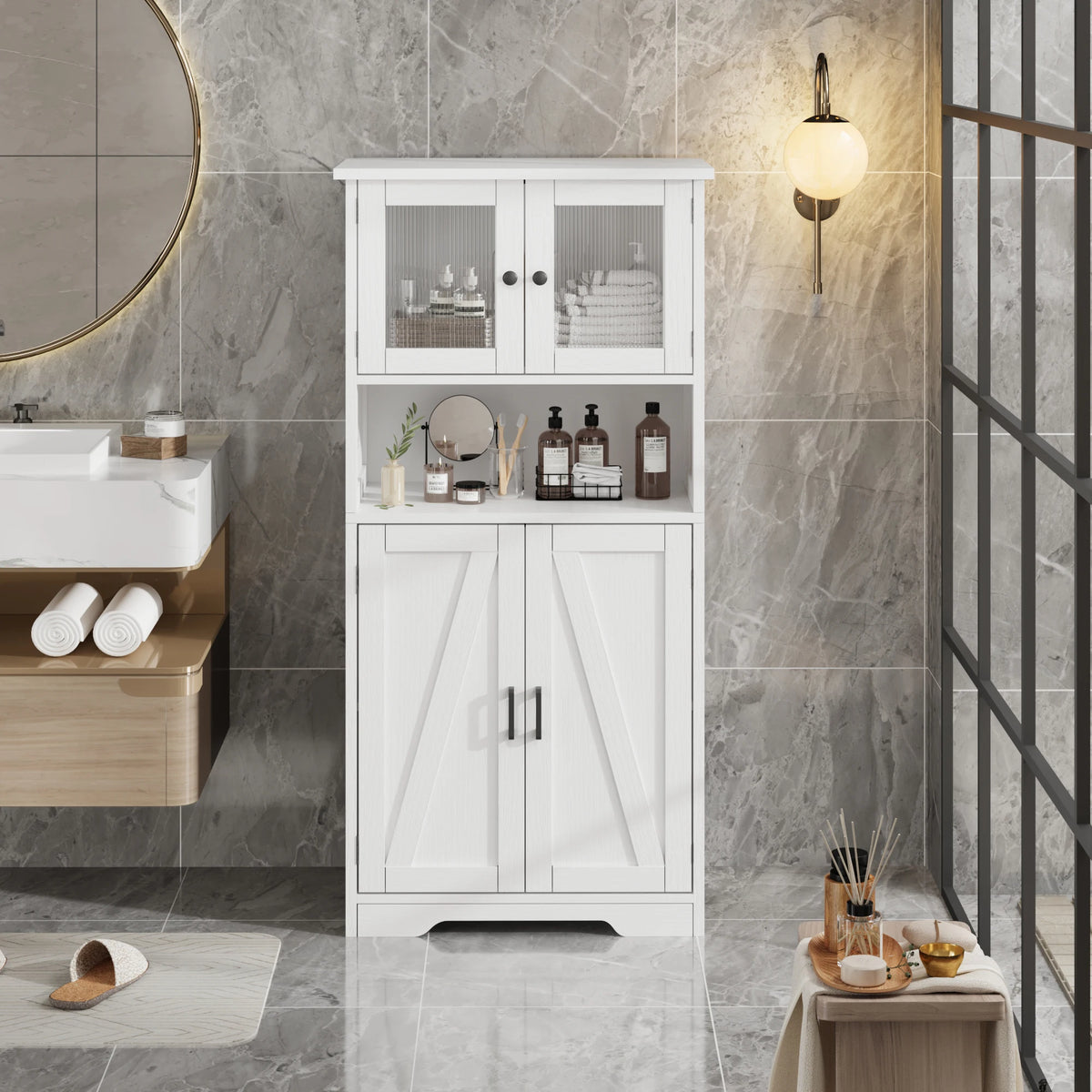 HiMISS Freestanding Bathroom Storage Cabinet With Glass Doors