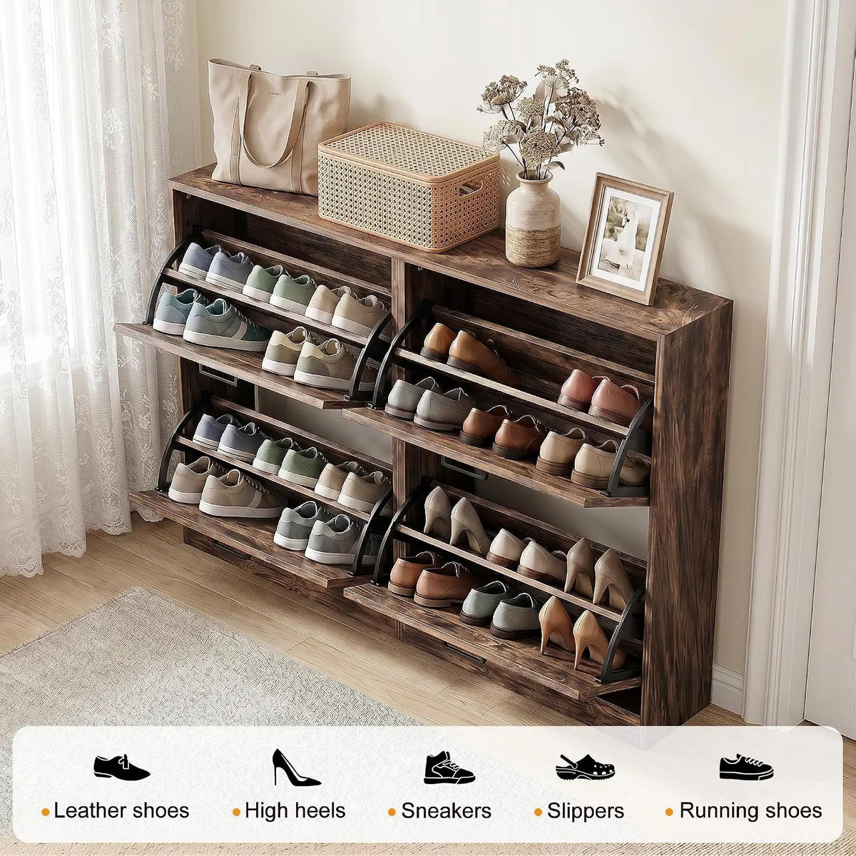 Shoe Cabinet With Four Flip Drawers And Handwoven Panel