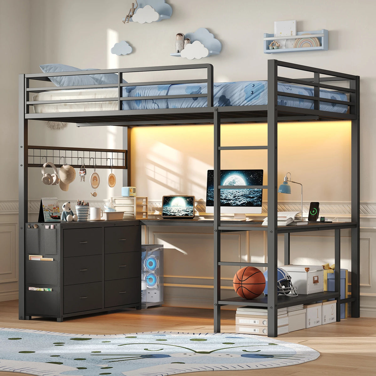 Yanosaku Multifunctional Loft Bed With Desk, Drawers And LED Lighting