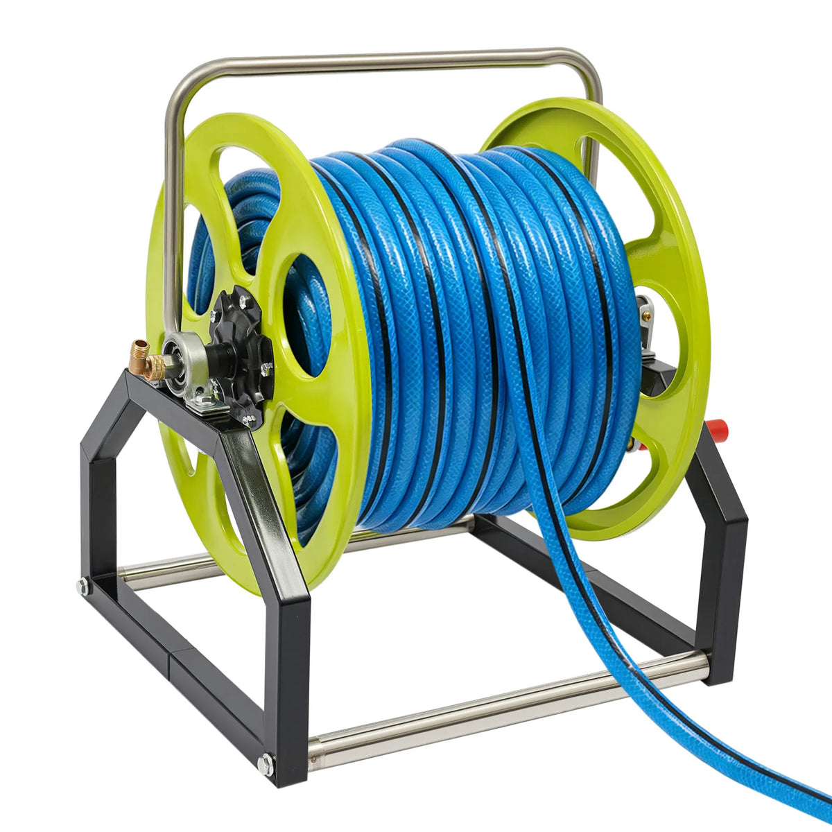 Metal Garden Hose Reel Featuring Crank Handle And Swivel Nozzle