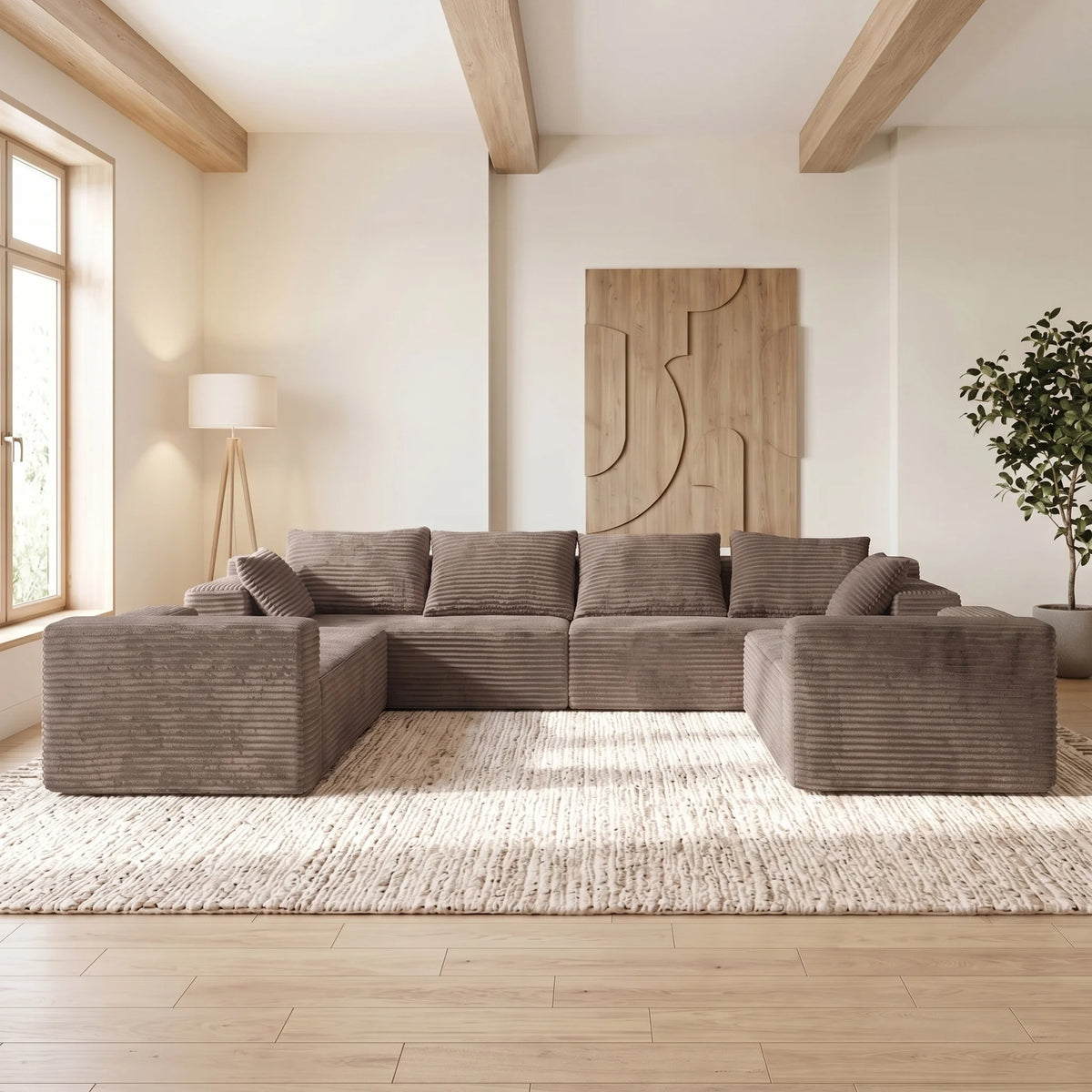 Modern U Shaped Corduroy Sectional Sofa With Deep Cloud Seating