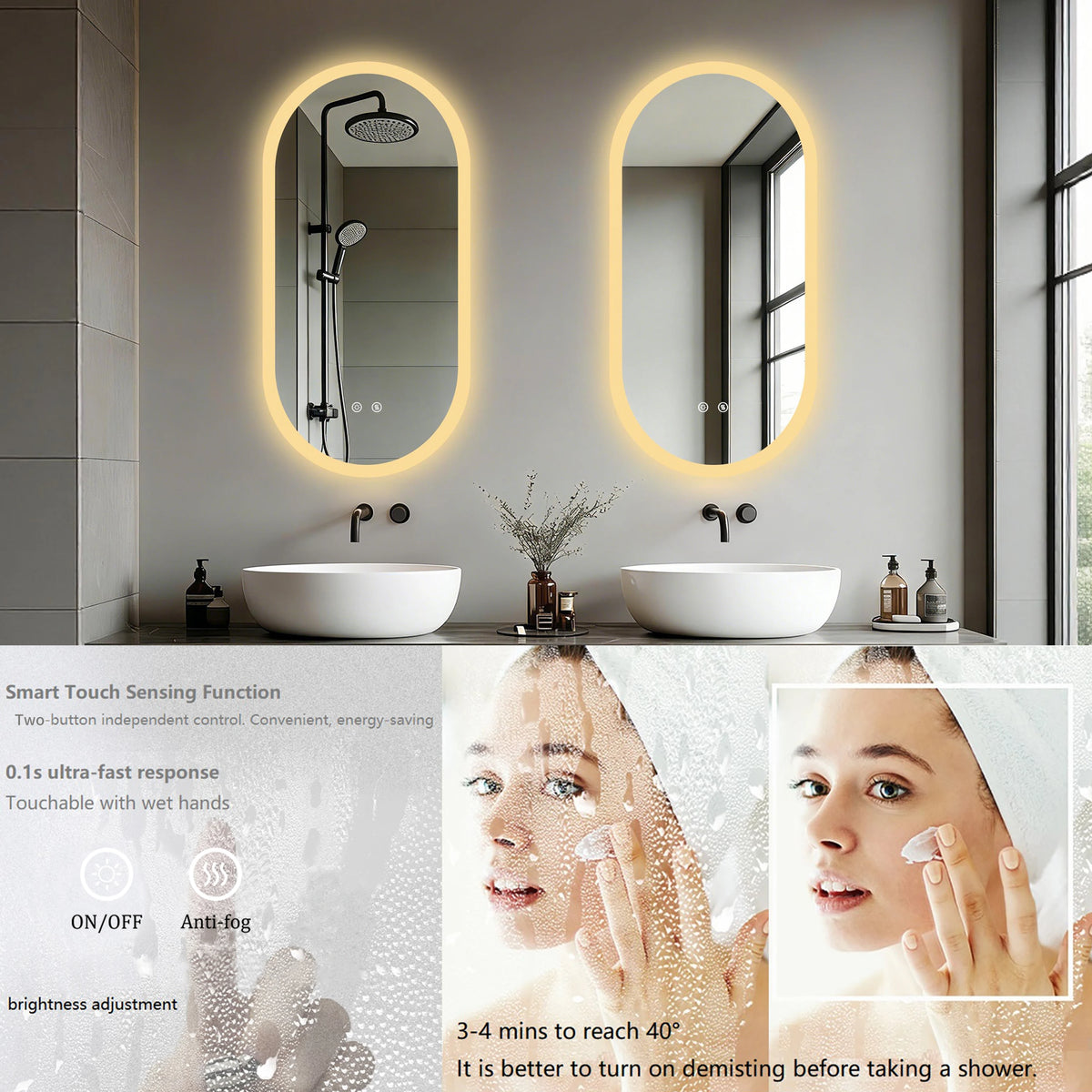 BORWART Smart LED Bathroom Mirror With Anti Fog Dimmable Lighting