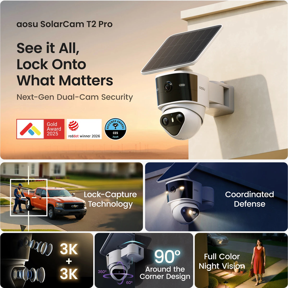 AOSU Solar Wireless Outdoor Dual AI Security Camera System