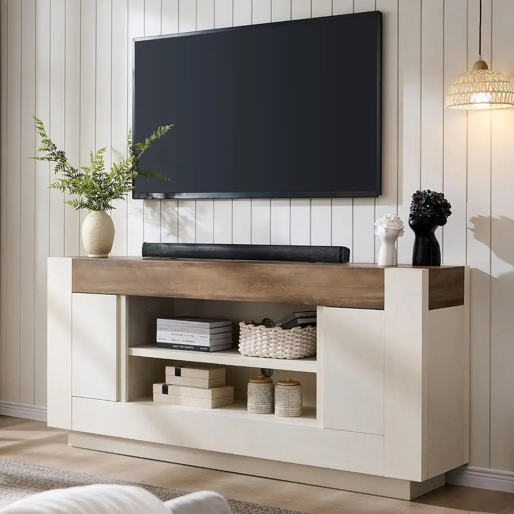 Modern Wood TV Stand Entertainment Center With Open Storage and Side Cabinets