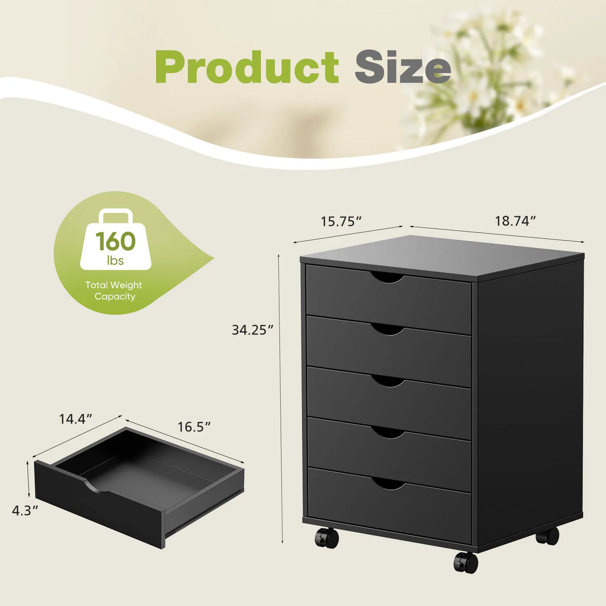 MCQ Wooden Rolling Storage Cabinet With Drawers For Living Room