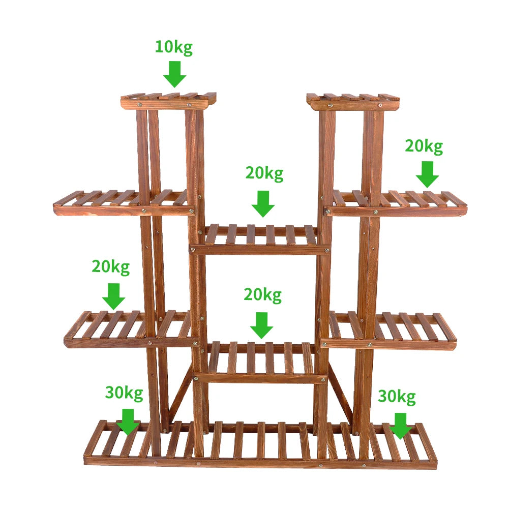 11 Tier Carbonized Wood Plant Stand Display Shelf Indoor Garden