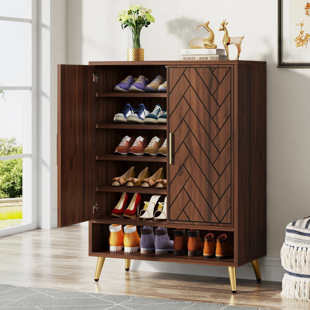 Tribesigns Wooden Shoe Cabinet With Doors And Adjustable Shelves