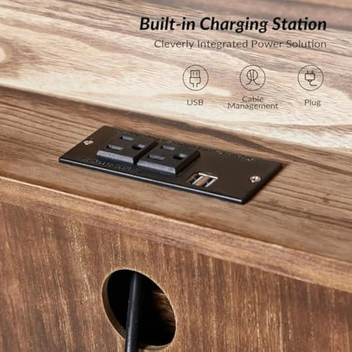 Solid Wood Nightstand With USB Hub Three Drawers Rustic Farmhouse