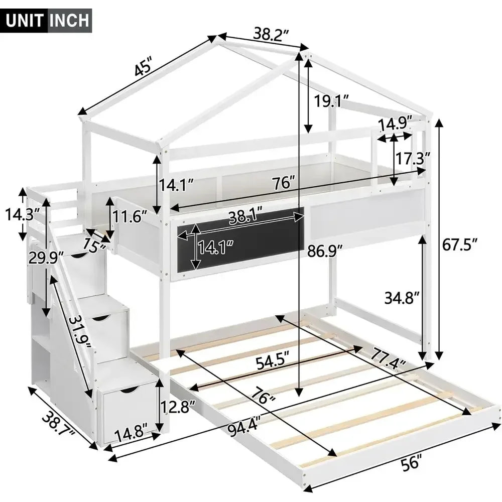 Pine Wood House Shaped Bunk Bed With Secure Safety Rails