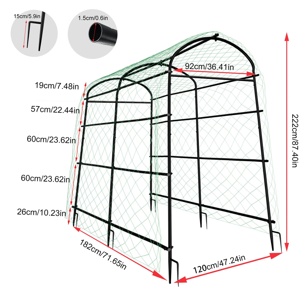 U-Shaped Metal Cucumber Trellis With Nylon Netting And Support Spikes