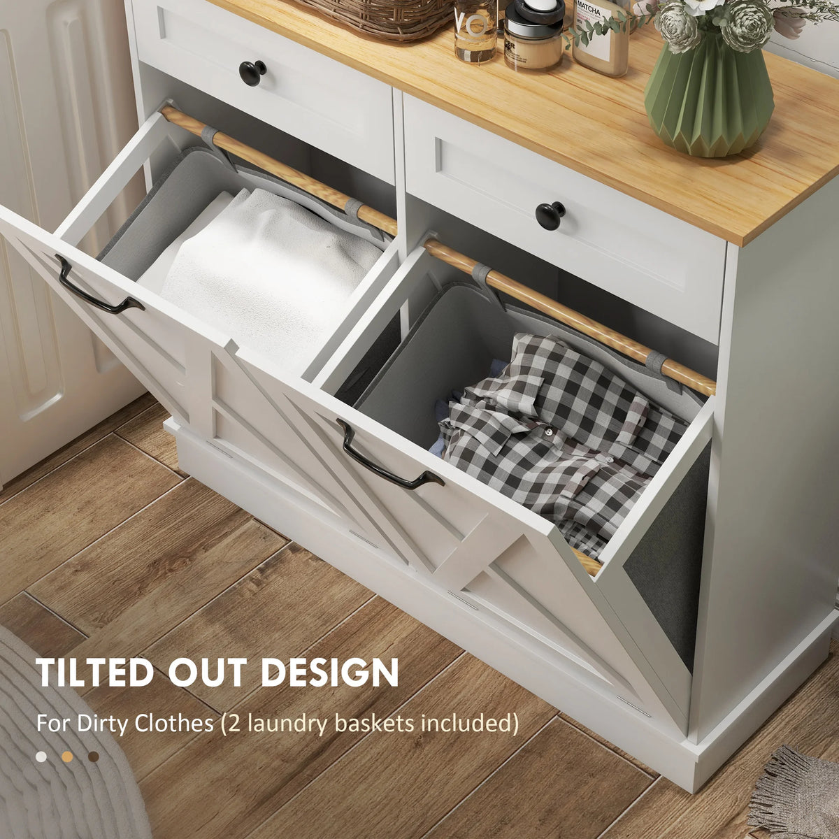 HOMCOM Double Tilt Out Laundry Hamper Cabinet With Drawers
