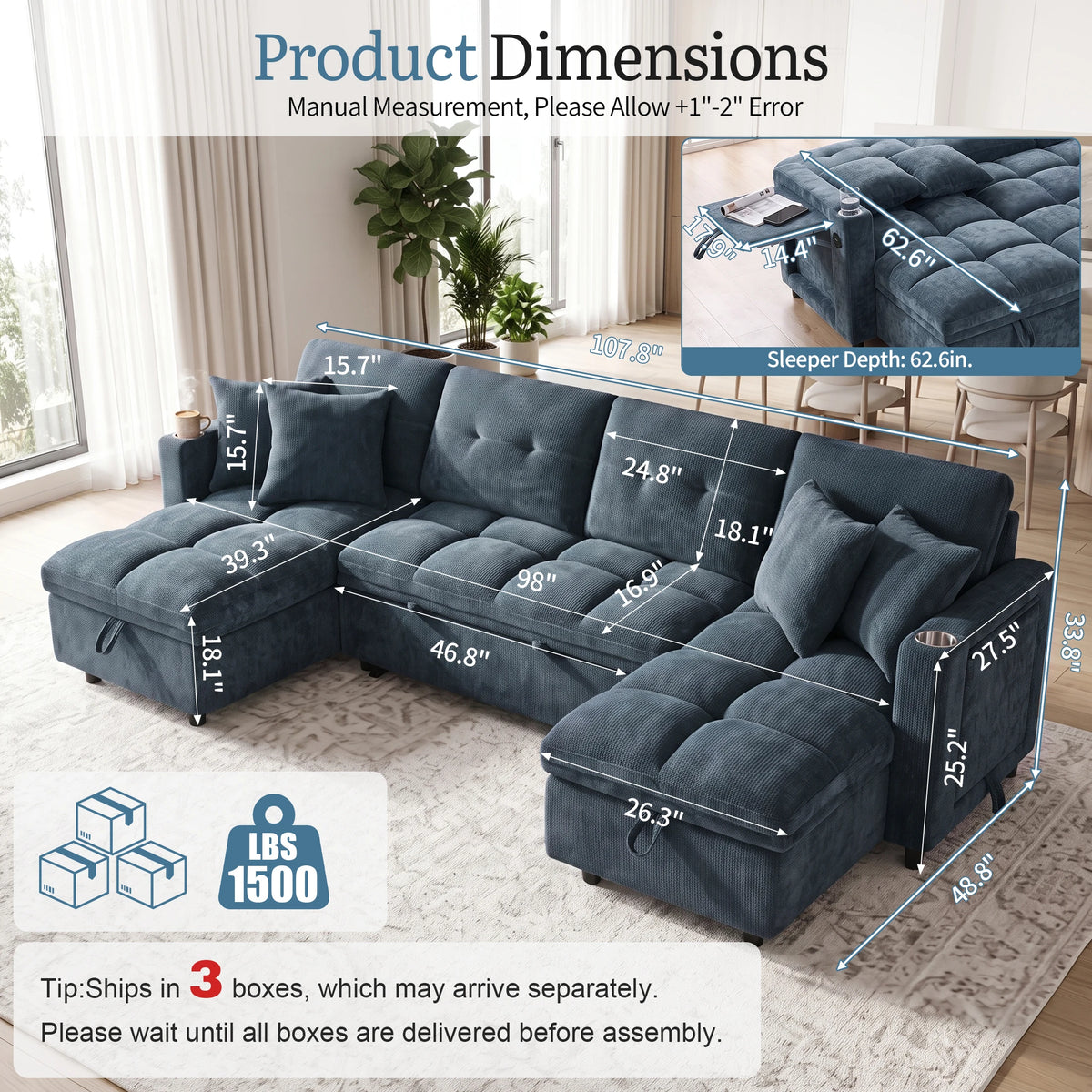 Convertible U Shaped Sleeper Sofa With Storage And Charging Station