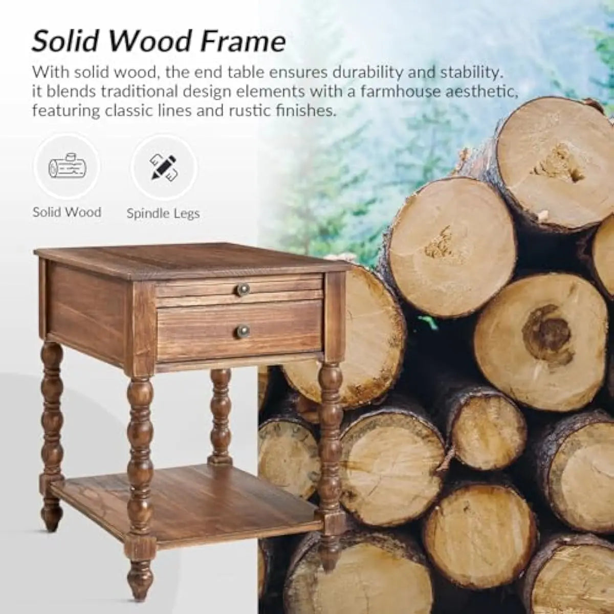 Modern Spindle End Table Set With Power Outlet And Drawer