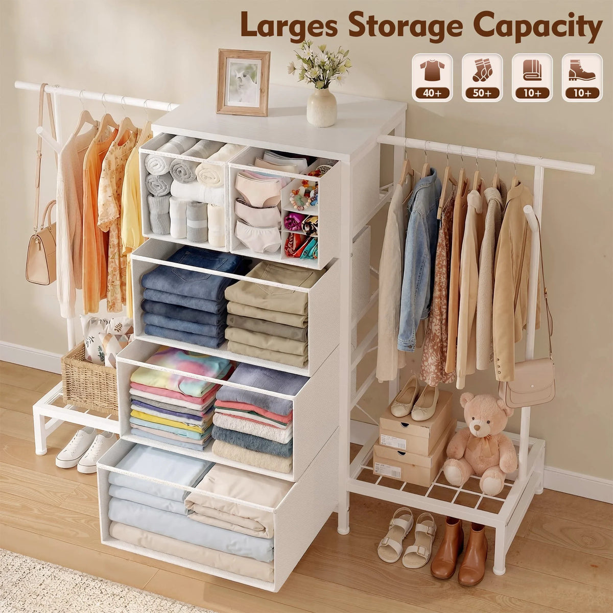 EnHomee Three In One Dresser Hanging Rack With Shoe Storage