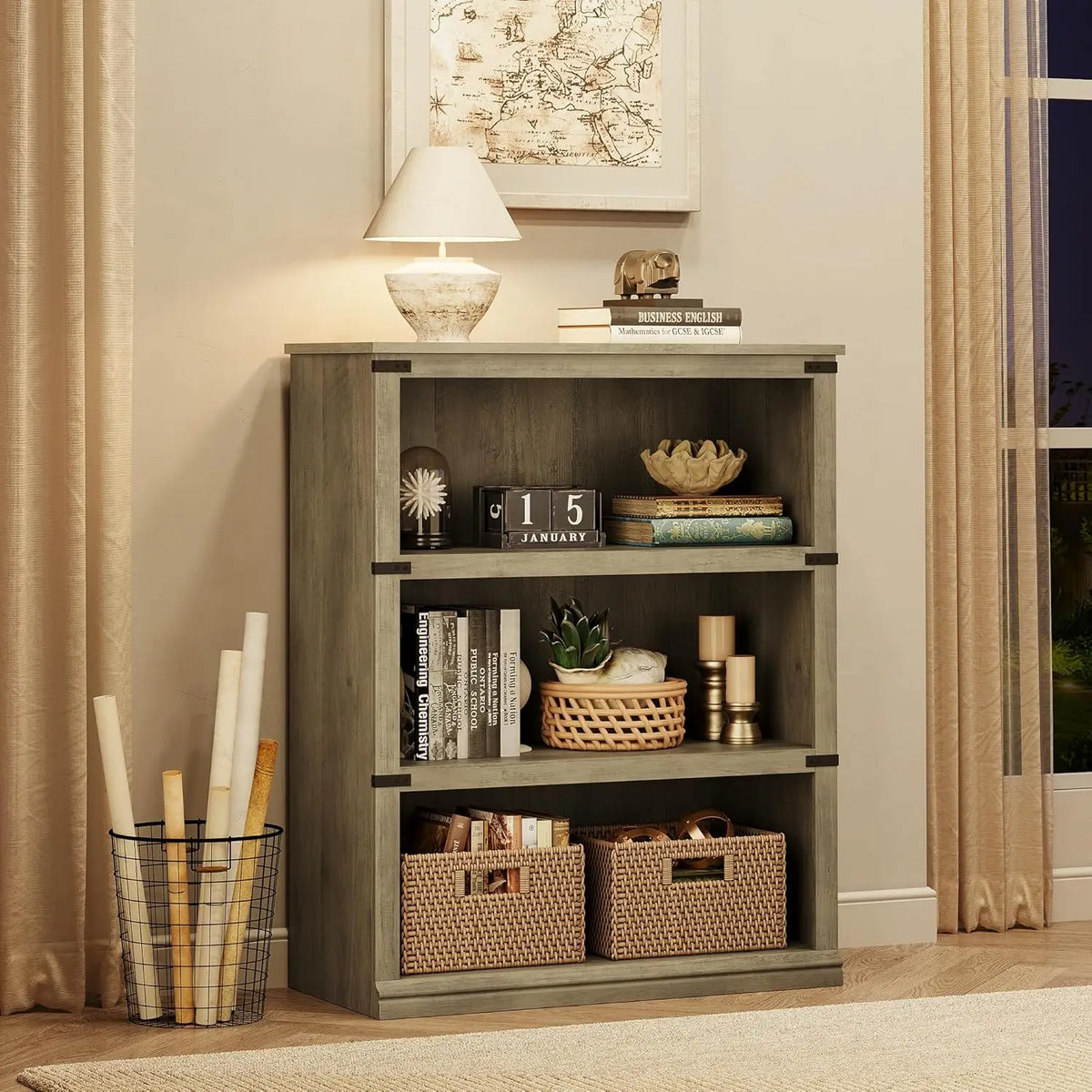 Twister CK Three Tier Wood Bookcase Farmhouse Storage Bookshelf