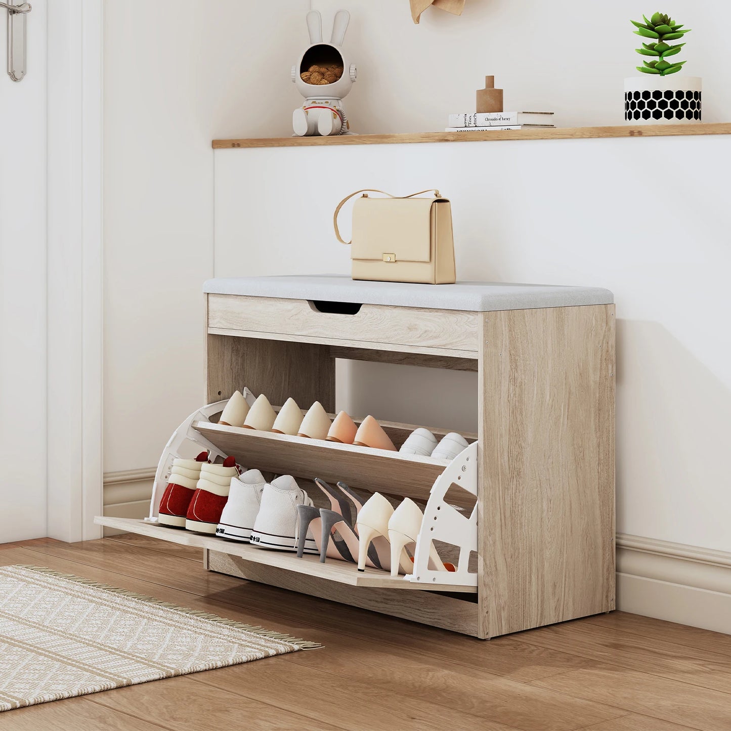 Huisenitre Storage Bench With Flip Drawers Adjustable Shelf