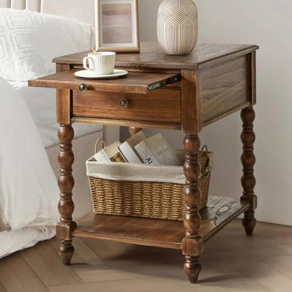 Modern Spindle End Table Set With Power Outlet And Drawer
