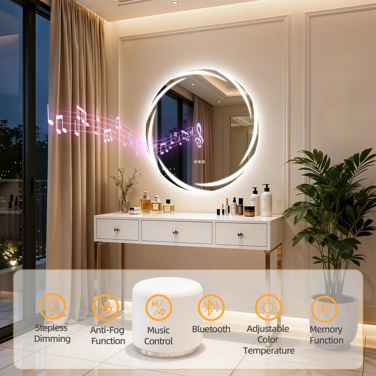 Round Led Bathroom Mirror With Bluetooth Speaker And Defog
