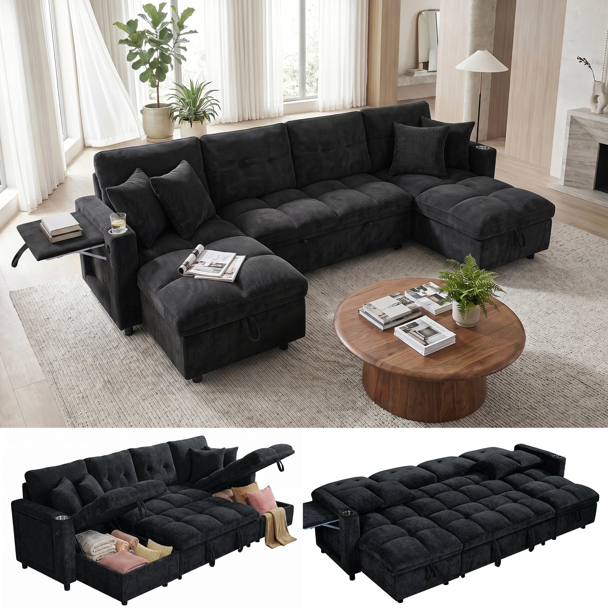 Convertible U Shaped Sleeper Sofa With Storage And Charging Station