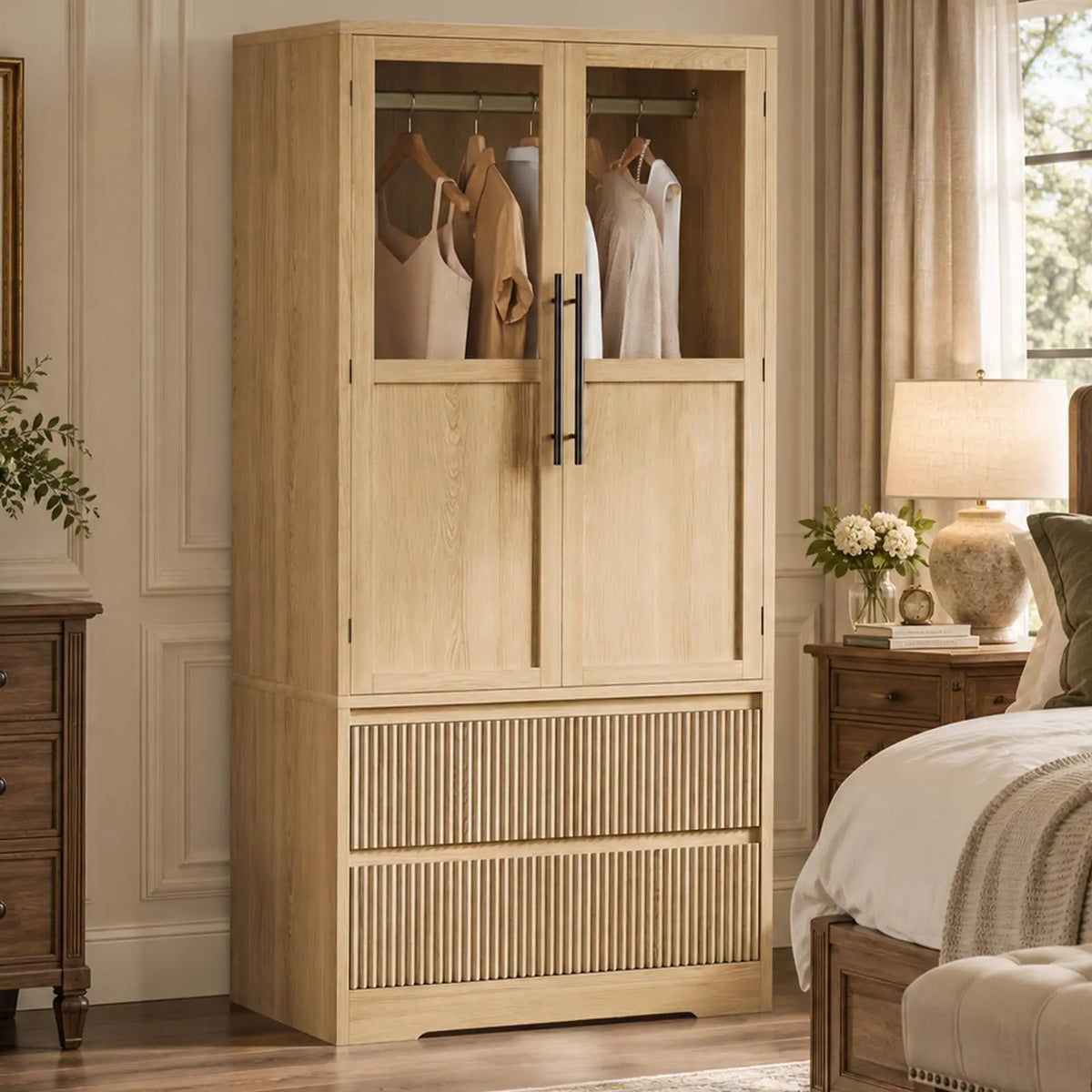HiMISS Farmhouse Wardrobe Cabinet With Glass Door And Storage