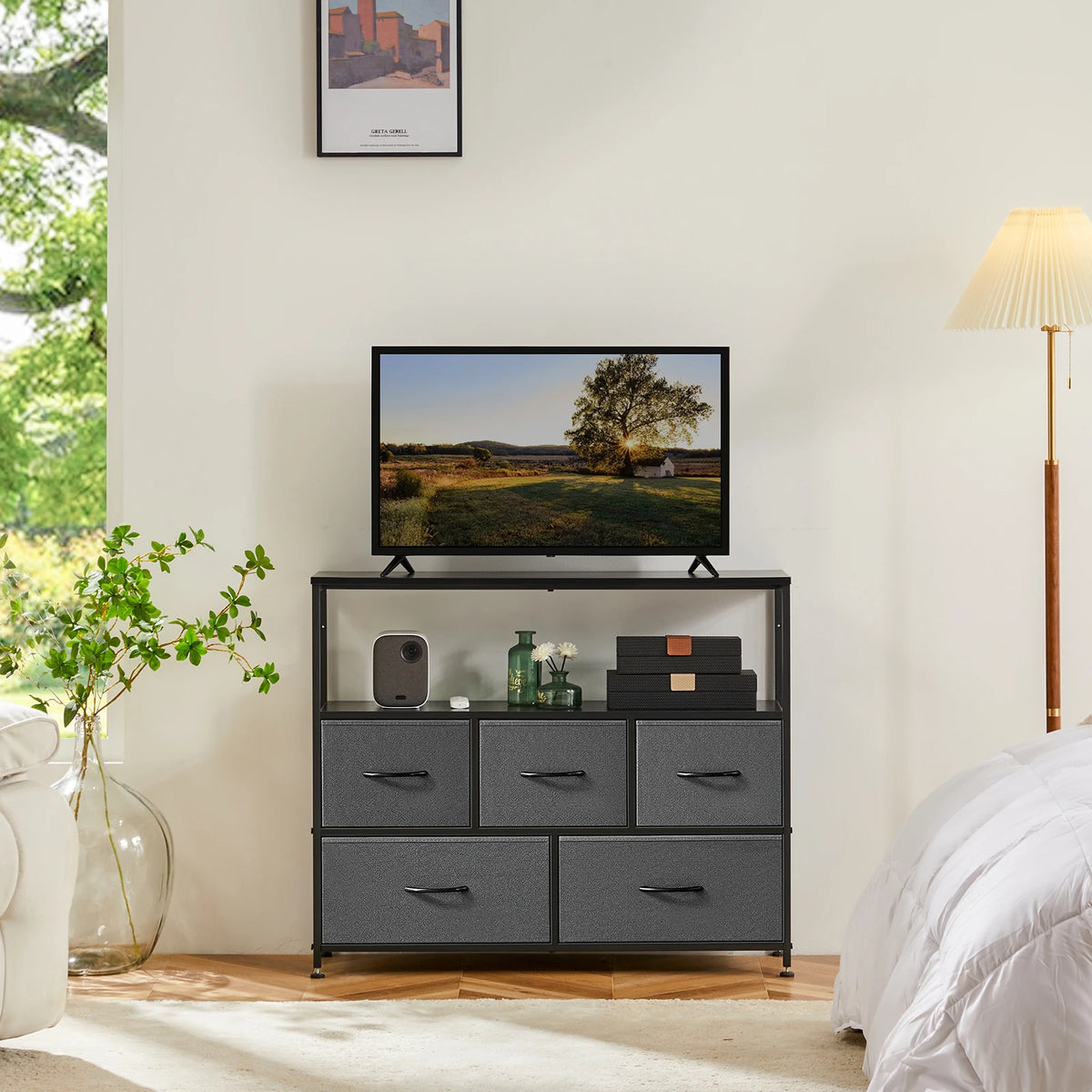 MCQ TV Stand With Fabric Drawers And Open Media Shelf
