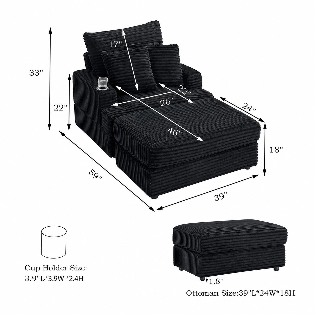Modern Corduroy Single Sofa Chair With Footrests And Cup Holder