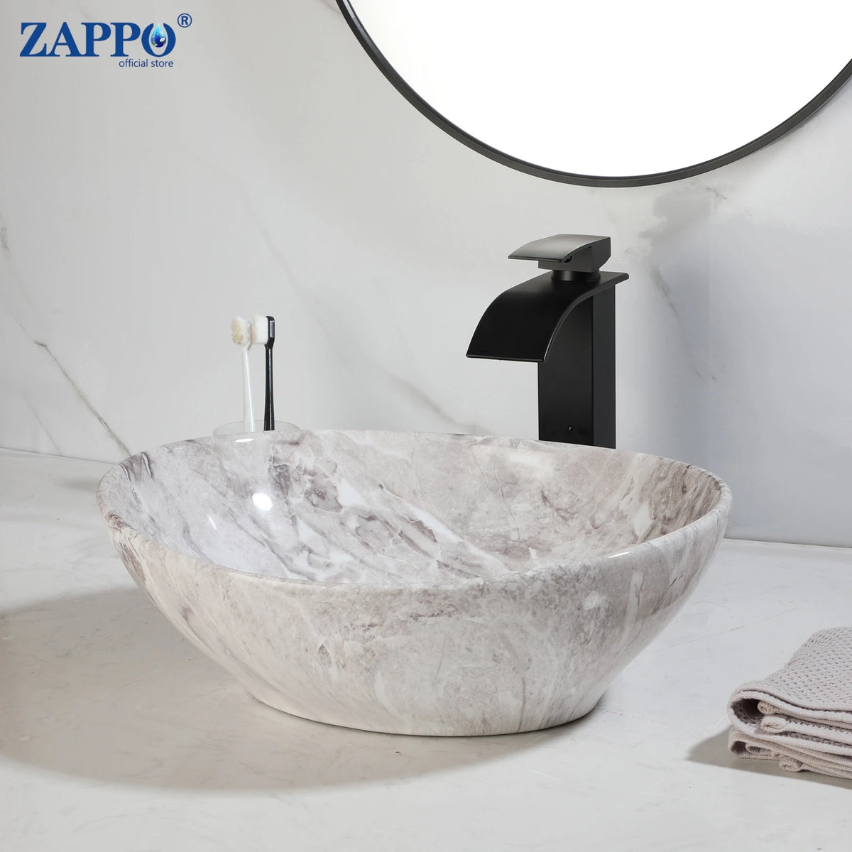 Mekkhala Ceramic Round Vessel Sink With Waterfall Faucet For Bathroom
