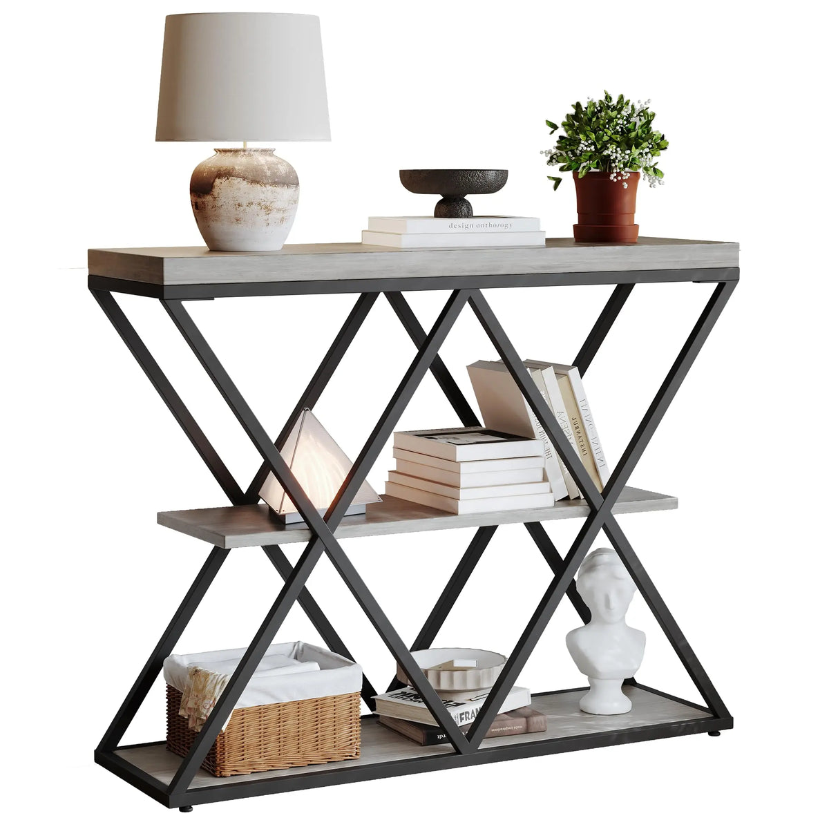 HiMISS Three Tier Farmhouse Console Table With Open Storage Shelves