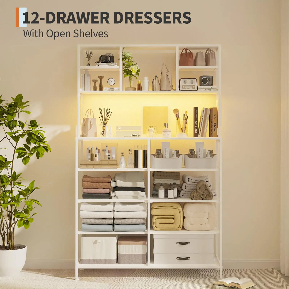 Drawer Dresser With Charging Station And LED Light For Bedroom
