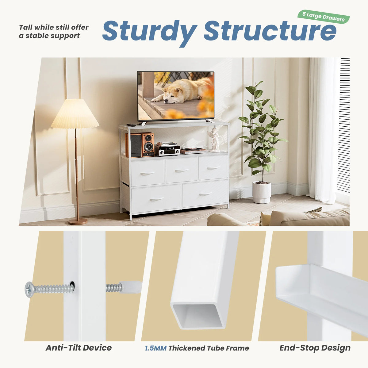 MCQ TV Stand With Fabric Drawers And Open Media Shelf