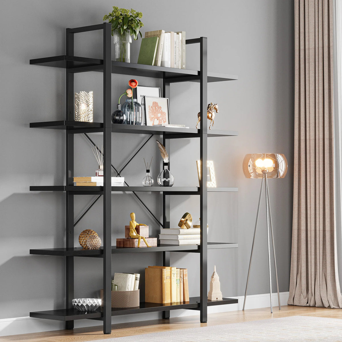 Tribesigns Five Tier Industrial Style Wooden Bookshelf Bookcase