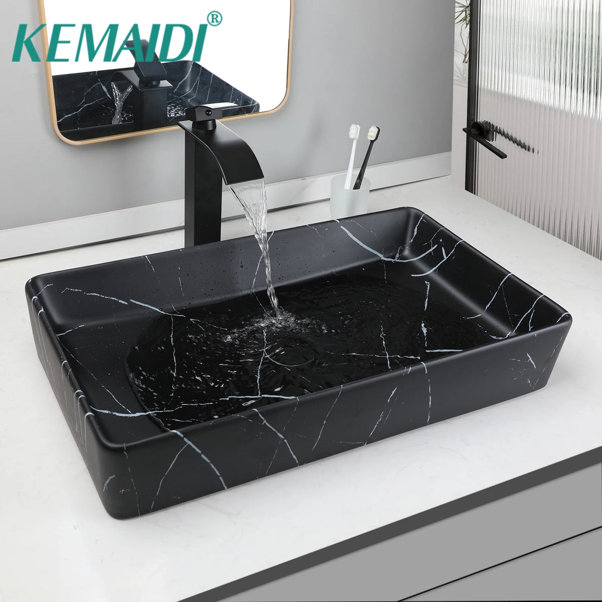 KEMAIDI Rectangular Ceramic Bathroom Vessel Sink Above Counter