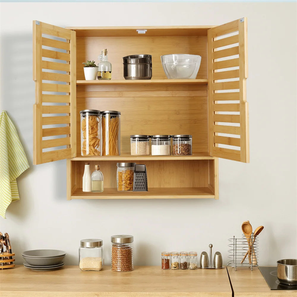 Natural Bamboo Wall Mounted Bathroom Cabinet With Adjustable Storage Shelf
