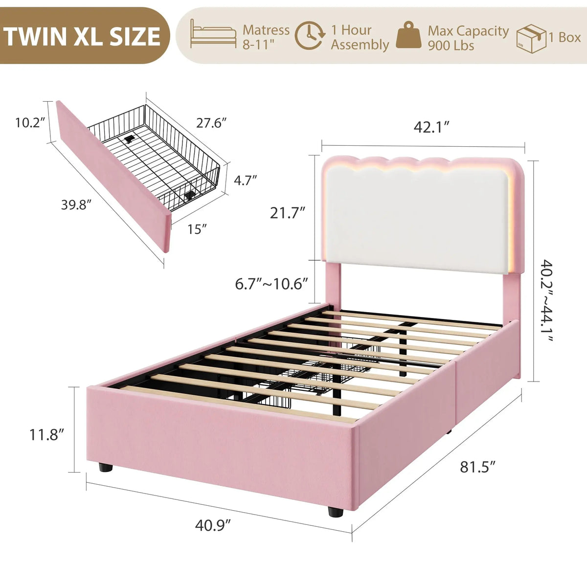 GarveeLife LED Platform Bed Frame With Upholstered Headboard And Drawers