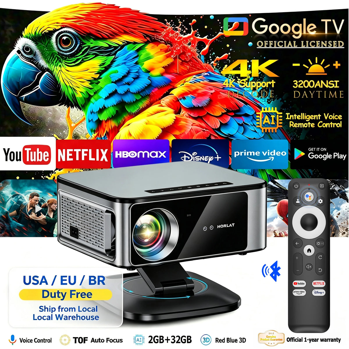 HORLAT T10 Ultra 4K Smart Projector With Android 14