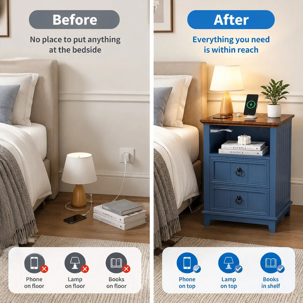 Modern Fluted Wood Nightstand With Usb Charger And Storage