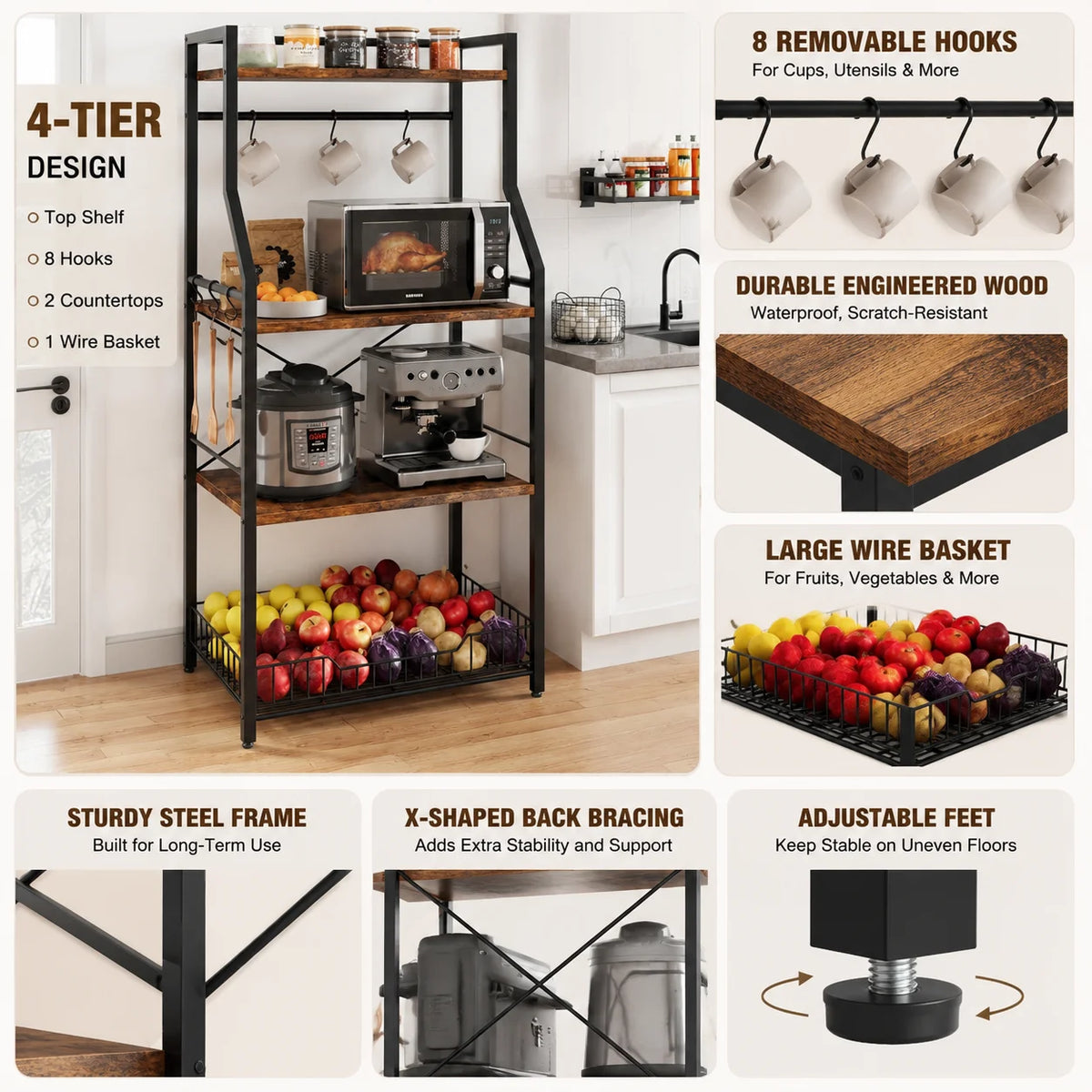 Freestanding Steel Kitchen Baker Rack With Microwave Stand And Shelf