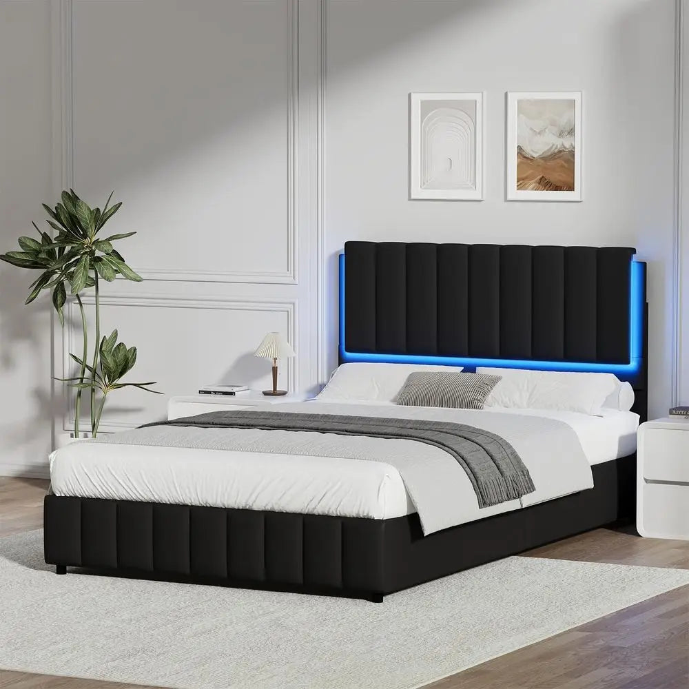 Modern Upholstered Platform Bed Frame With Headboard And LED Lights