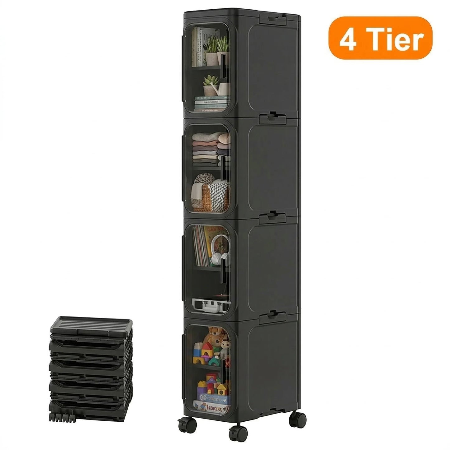 Slim Four Tier Rolling Storage Cabinet With Adjustable Shelves
