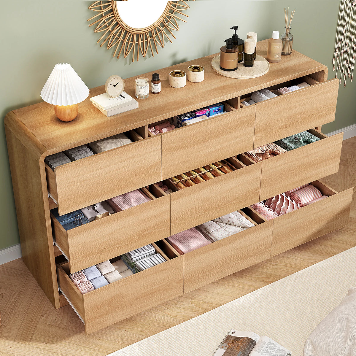 Modern 9 Drawer Dresser With Curved Profile Bedroom Storage