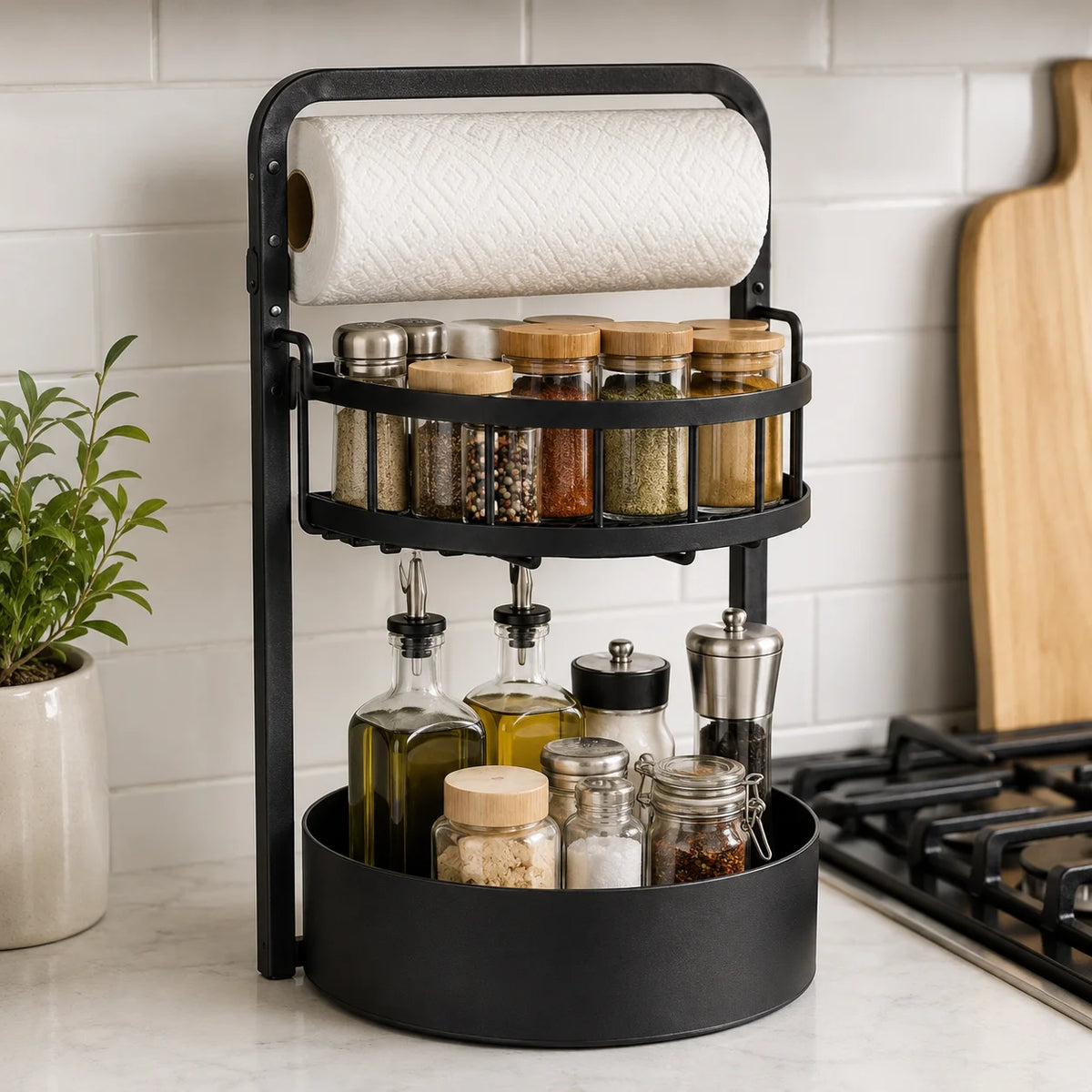Rotating Two Tier Spice Rack Organizer With Paper Towel Holder