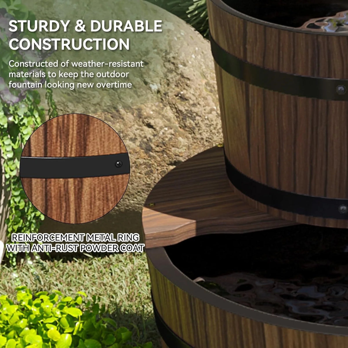 Nordivale Rustic Two Tier Wood Barrel Outdoor Electric Fountain