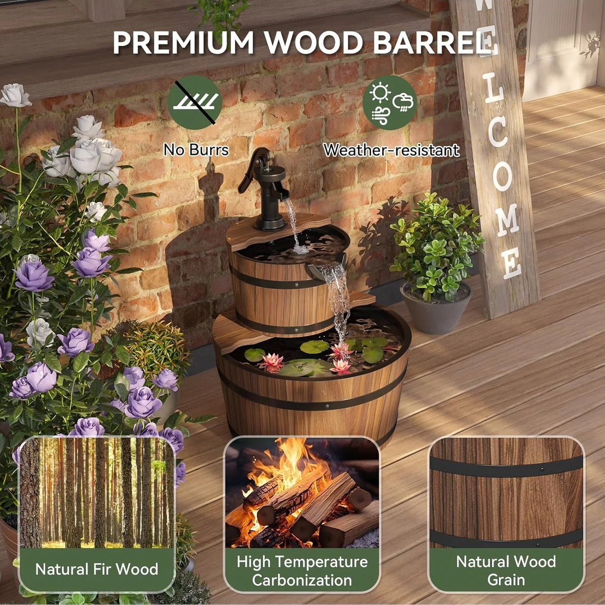 Nordivale Rustic Two Tier Wood Barrel Outdoor Electric Fountain