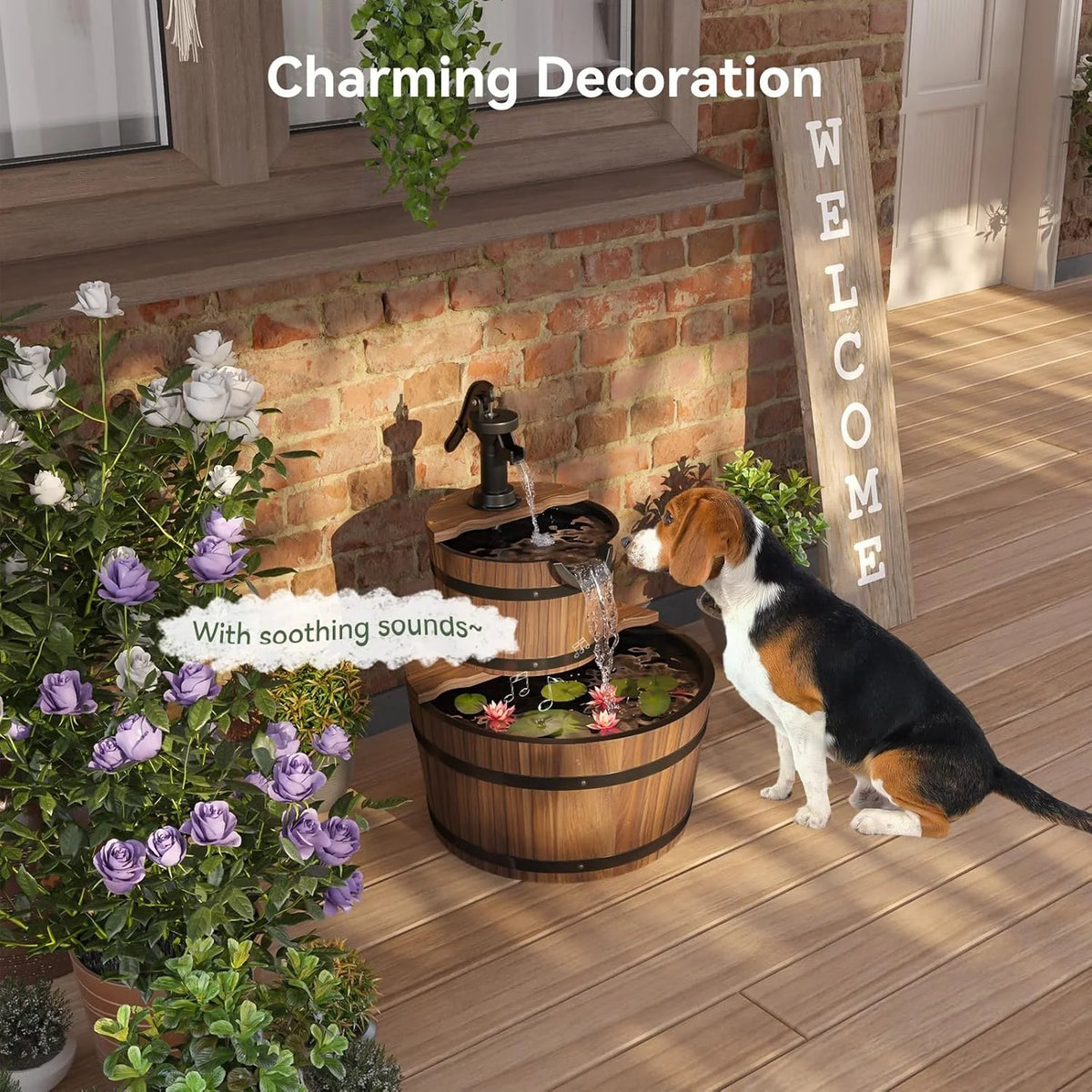 Nordivale Rustic Two Tier Wood Barrel Outdoor Electric Fountain